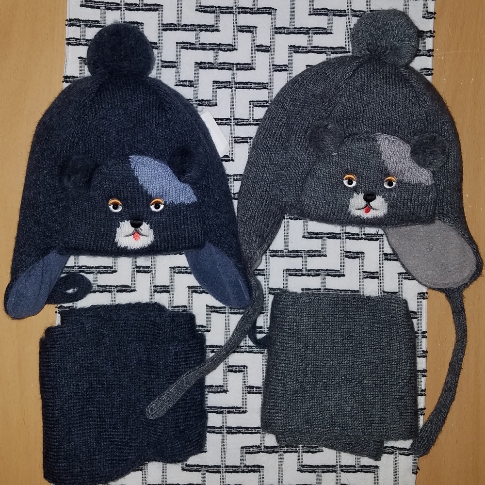 Wool kids winter hat+scarf set, teddy bear face